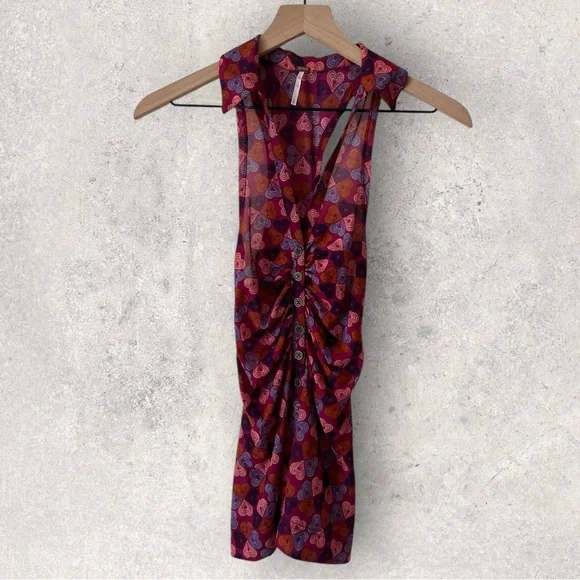 Free People Heart Patterned Mesh Collared Button Front Sleeveless Top Size XS - Picture 3 of 12